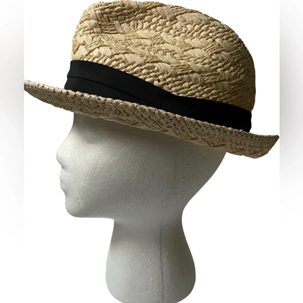 ALDO Paper Straw Fedora Hat Large Black Ribbon Lightweight Summer Sun Hat
